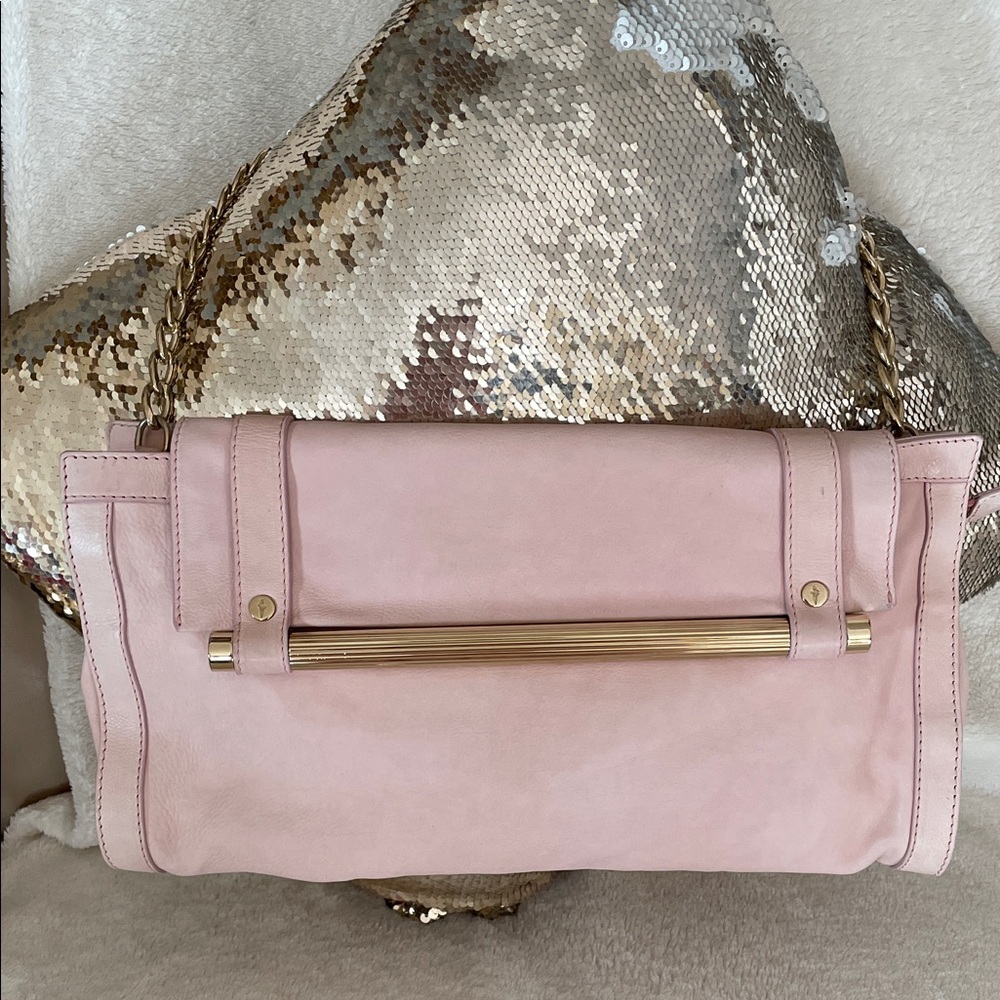 Vtg.Auth.Cesare Paciotti Italy Pale Pink Leather Clutch Handbag Gold Accents